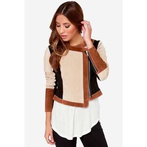 Chaser Womens Small Brown Black Collarless Suede Asymmetrical Moto Jacket HR2-96